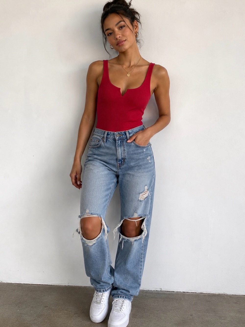 Bozzolo Red Ribbed V-Notch Tank Bodysuit